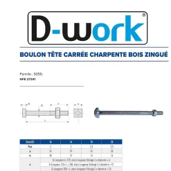 25 Boulons Charpente Bois Tête Carrée 16 x 225 mm - NFE 27341 - Zingué blanc - D-Work