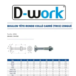 50 Boulons Tête Ronde Collet Carré TRCC 8 x 120 mm - DIN 603 - Zingué blanc - D-Work