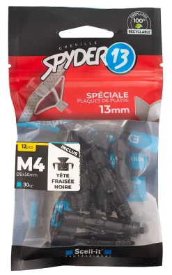 12 chevilles corps creux acier zingué Spyder M4 13mm + vis tête fraisée noires