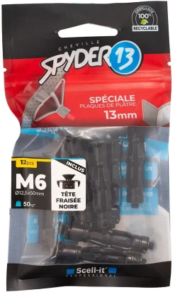 12 chevilles corps creux acier zingué Spyder M6 13mm + vis tête fraisée noires