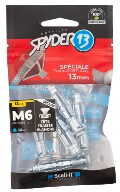 12 chevilles corps creux acier zingué Spyder M6 13mm + vis tête fraisée blanches
