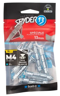 12 chevilles corps creux acier zingué Spyder M4 13mm + vis tête fraisée blanches