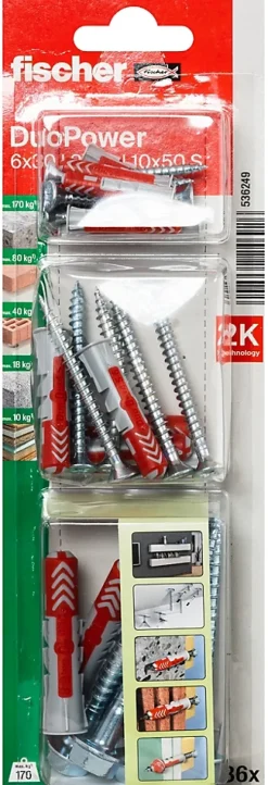 18 chevilles Fischer Duopower 3 diam 6-8-10mm avec vis