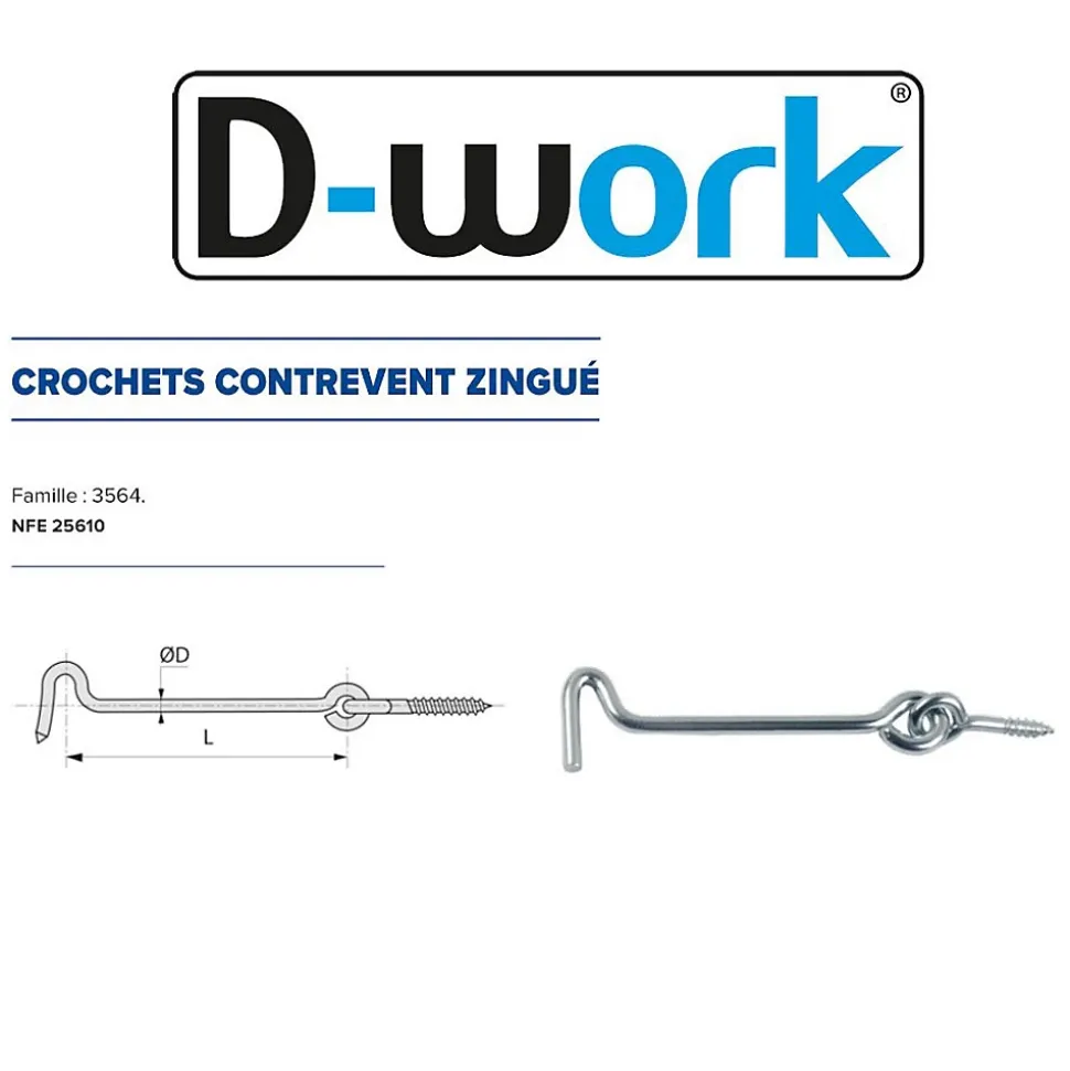 25 Crochets Contrevent 6 x 160 mm - NFE 25610 - Zingué blanc - D-Work