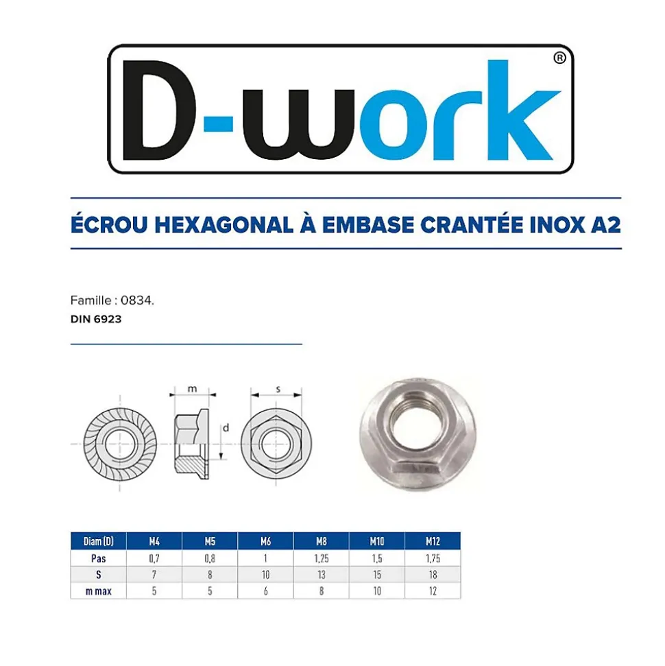 200 Ecrous à Embase Crantée M6 mm - DIN 6923 - Inox A2 - D-Work