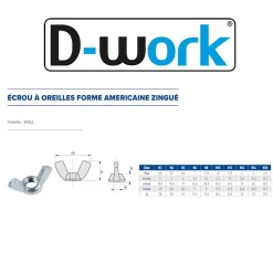 200 Ecrous à Oreilles Forme Américaine M6 mm - Zingué blanc - D-Work