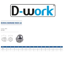 25 Ecrous Borgnes M22 mm - DIN 1587 - Inox A2 - D-Work