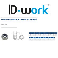 100 Ecrous Freins Indésserrables Bague Nylon M12 mm - DIN 985 - I8I - Zingué blanc - D-Work
