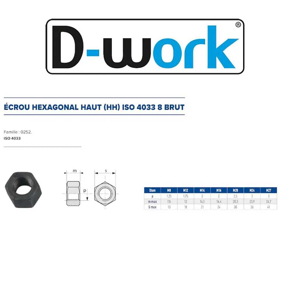 25 Ecrous Hexagonaux Haut H Egale D M24 mm - 4033 - 9 - Brut - D-Work