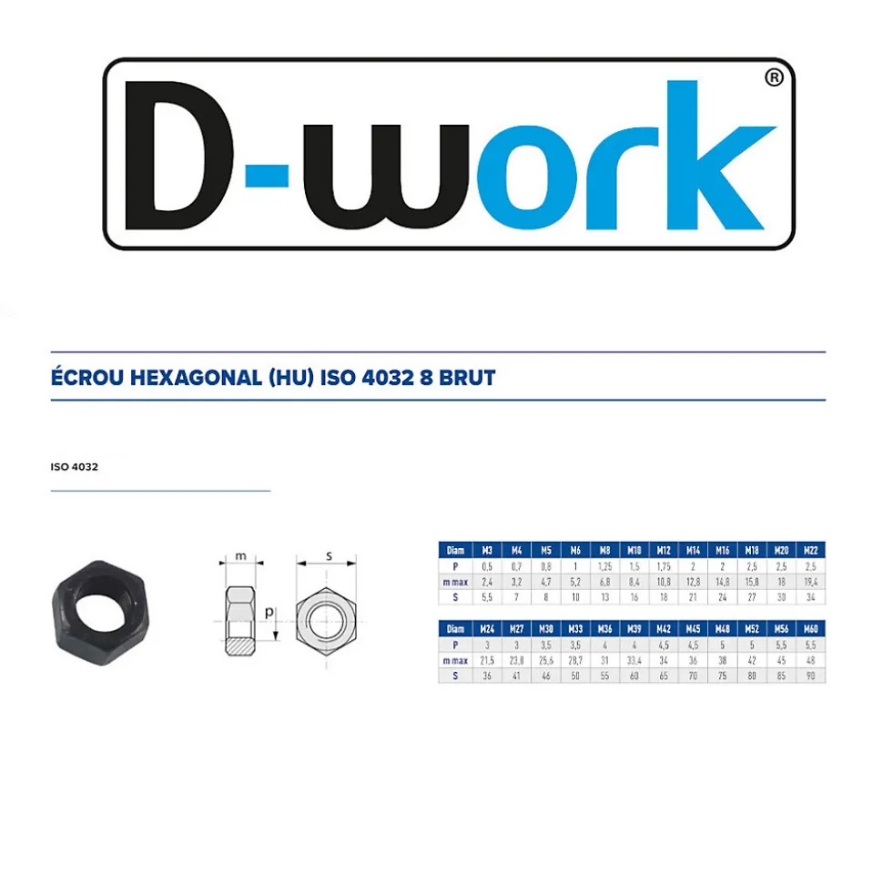 200 Ecrous Hexagonaux HU M4 mm - 4032 - 8 - Brut - D-Work