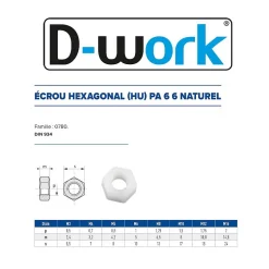 200 Ecrous Hexagonaux HU M3 mm - DIN 934 - Polyamide - D-Work