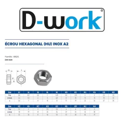 200 Ecrous Hexagonaux HU M5 mm - DIN 934 - Inox A2 - D-Work