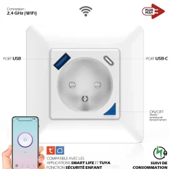 4 Prises encastrées 3000W & Ports USB-A + USB-C Wifi + Suivi de consommation