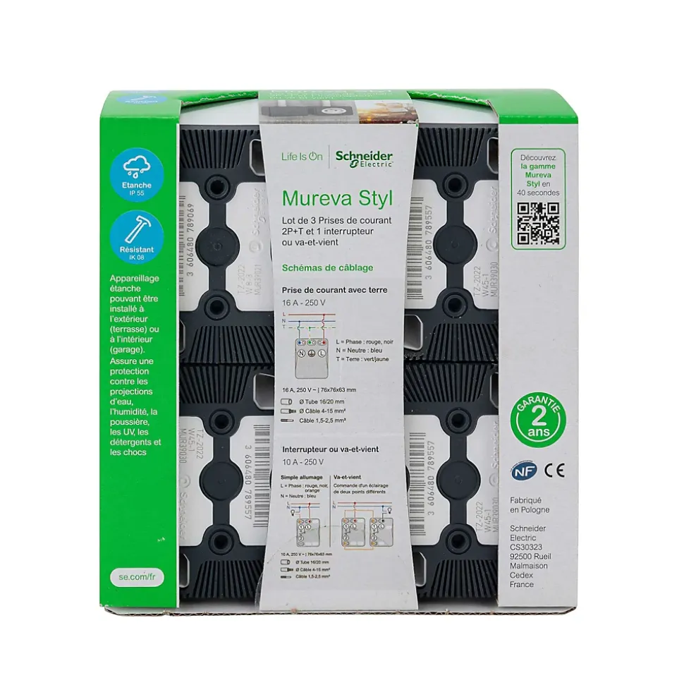 3 prises avec terre + 1 interrupteur va-et-vient Schneider Electric Mureva Styl blanc, lot