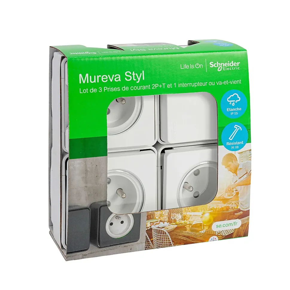 3 prises avec terre + 1 interrupteur va-et-vient Schneider Electric Mureva Styl blanc, lot