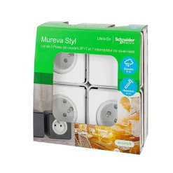 3 prises avec terre + 1 interrupteur va-et-vient Schneider Electric Mureva Styl blanc, lot