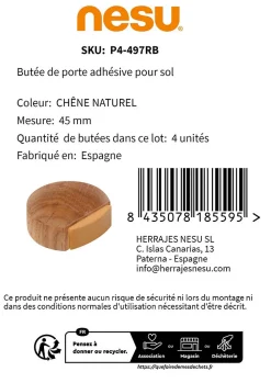 4 Un. Butée de porte adhésive en bois de chêne naturel 45x42MM