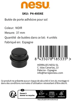 4 Un. Butée de porte adhésive en bois laqué noir - Diamètre 37MM