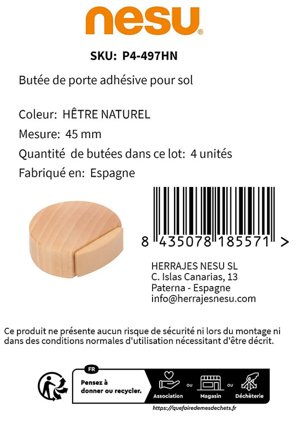 4 Un. Butée de porte adhésive en bois de hêtre naturel 45x42MM