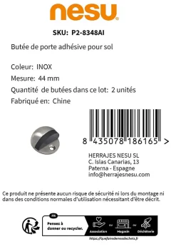 2 Un. BUTÉE DE PORTE en acier inoxydable de qualité AISI-304, fixation au sol avec vis - Diamètre 44MM
