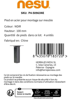 4 un. Pied carré pour meuble en acier 25x25mm hauteur 100mm peinture noire avec embout