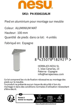 4 un. Pied carré pour meuble en aluminium 40x40mm hauteur 100mm aluminium mat avec régulateur de nivellement