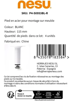 4 un. Pied de meuble rond en acier, diamètre 30 mm, hauteur 100 mm, peinture blanche avec régulateur de nivellement 15-25 mm