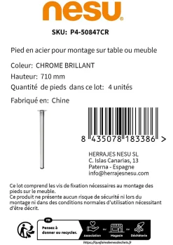 4 un. Pied de table rond en acier, diamètre 60 mm, hauteur 710 mm, chromé avec régulateur de niveau