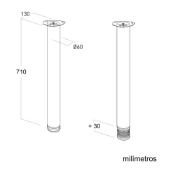 4 un. Pied de table rond en acier, diamètre 60 mm, hauteur 710 mm, chromé avec régulateur de niveau