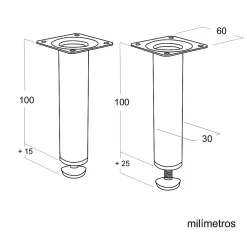 4 un. Pied rond pour meuble en acier, diamètre 30 mm, hauteur 100 mm, peinture aluminium avec régulateur de nivellement 15-25 mm
