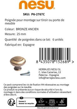 6 Un. poignées de meuble en laiton mat pour tiroir - diamètre 25MM