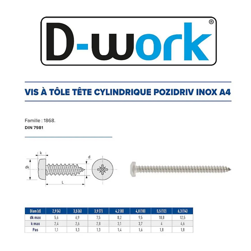 200 Vis à Tôle Tête Cylindrique Larges Pozidriv 6.3 x 31.7 mm - DIN 7981 - Inox A4 - D-Work