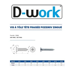 250 Vis à Tôle Tête Fraisée Pozidriv 4.8 x 50.8 mm - DIN 7982 - Zingué blanc - D-Work