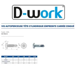 250 Vis Autoperceuses Tête Cylindrique Carrée 4.8 x 50 mm - DIN 7504 M - Zingué blanc - D-Work