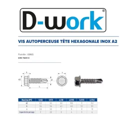 100 Vis Autoperceuses Tête Hexagonale 6.3 x 19 mm - DIN 7504 K - Inox A2 - D-Work