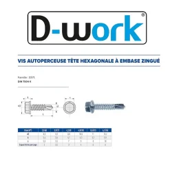 500 Vis Autoperceuses Tête Hexagonale à Embase 4.2 x 31.7 mm - DIN 7504 K - Zingué blanc - D-Work