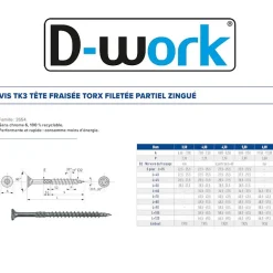 100 Vis Bois TK3 Tête Fraisée Crantée Torx F/Partiel 6 x 100 mm - Zingué blanc - D-Work