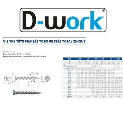 500 Vis Bois TK3 Tête Fraisée Crantée Torx F/Total 3 x 30 mm - Zingué blanc - D-Work