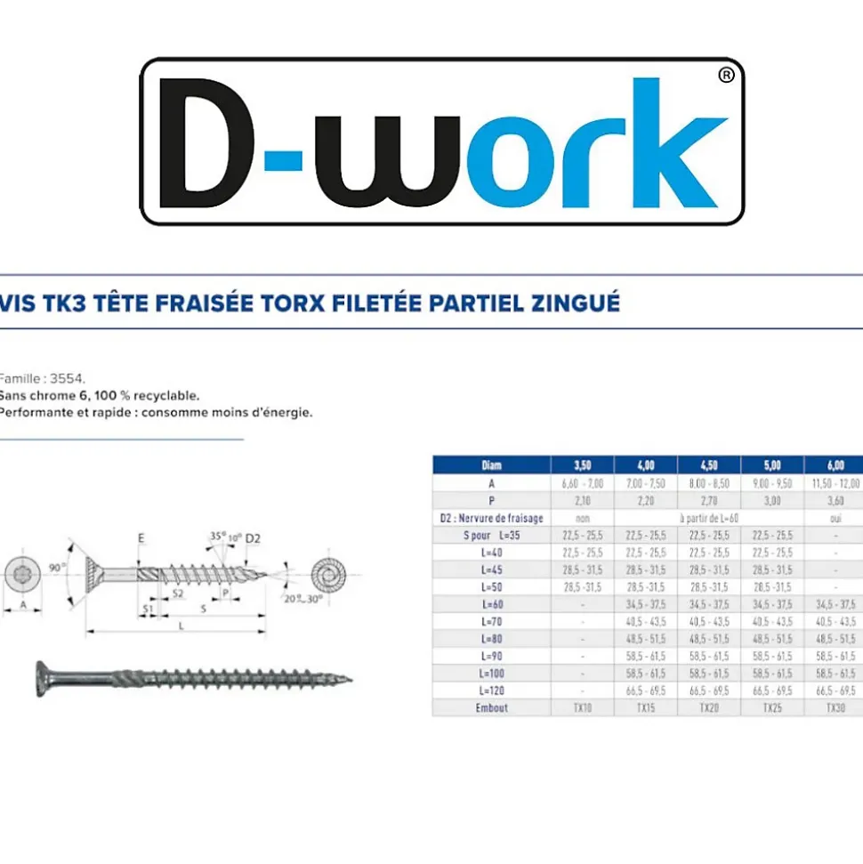 200 Vis Bois TK3 Tête Fraisée Crantée Torx F/Partiel 5 x 90 mm - Zingué blanc - D-Work