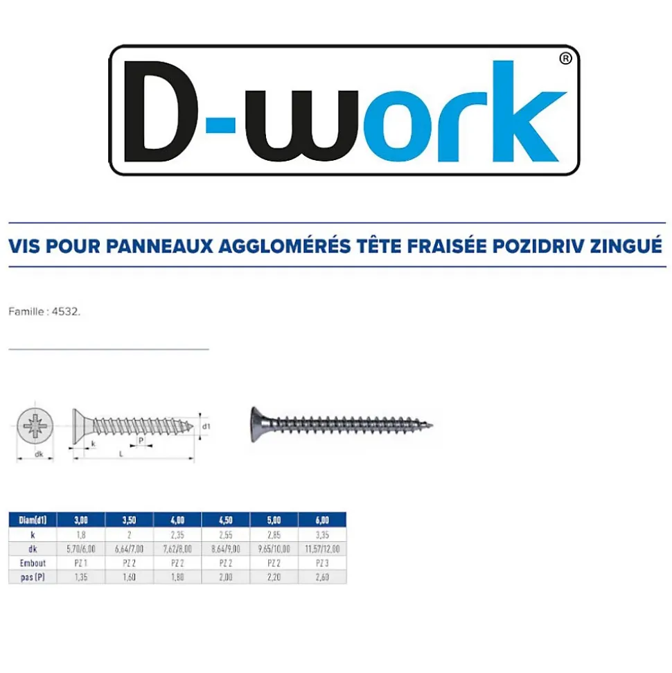 500 Vis Bois Tête Fraisée Pozidriv 4 x 15 mm - Zingué blanc - D-Work