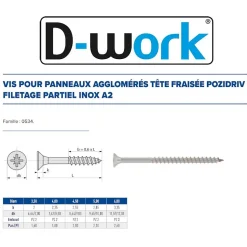 100 Vis Bois Tête Fraisée Pozidriv F/Partiel 6 x 140 mm - Inox A2 - D-Work