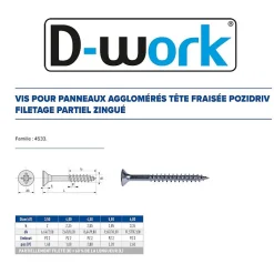 500 Vis Bois Tête Fraisée Pozidriv F/Partiel 5 x 40 mm - Zingué blanc - D-Work