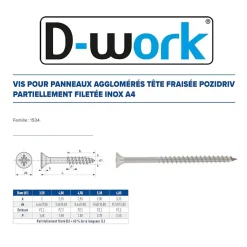 200 Vis Bois Tête Fraisée Pozidriv F/Partiel 3.5 x 35 mm - Inox A4 - D-Work