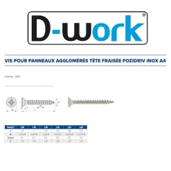 200 Vis Bois Tête Fraisée Pozidriv 3 x 25 mm - Inox A4 - D-Work