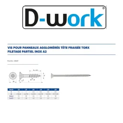 200 Vis Bois Tête Fraisée Torx T10 F/Partiel 3 x 40 mm - Inox A2 - D-Work