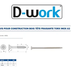 50 Vis Bois Tête Fraisée Torx T40 8 x 120 mm - Inox A2 - D-Work