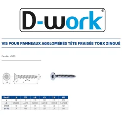 500 Vis Bois Tête Fraisée Torx T20 F/Partiel 4.5 x 45 mm - Zingué blanc - D-Work