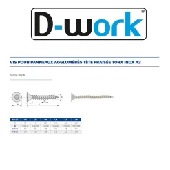 200 Vis Bois Tête Fraisée Torx T20 4 x 16 mm - Inox A2 - D-Work