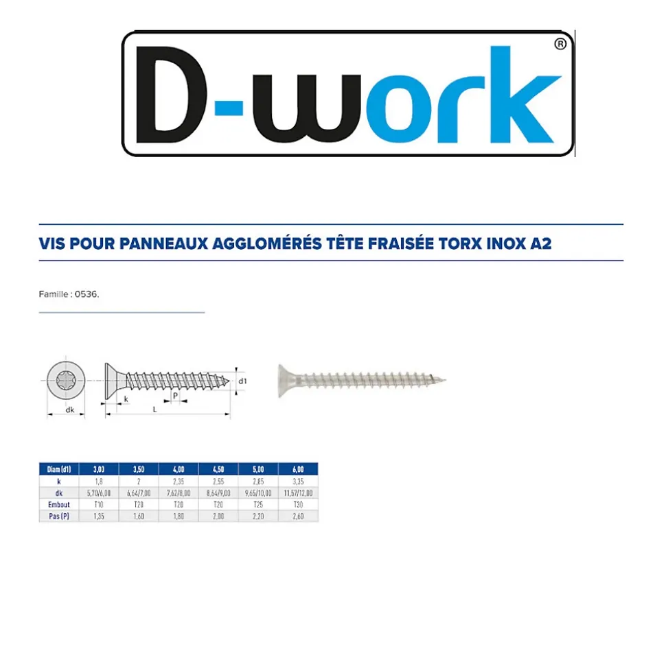 200 Vis Bois Tête Fraisée Torx T20 4.5 x 70 mm - Inox A2 - D-Work