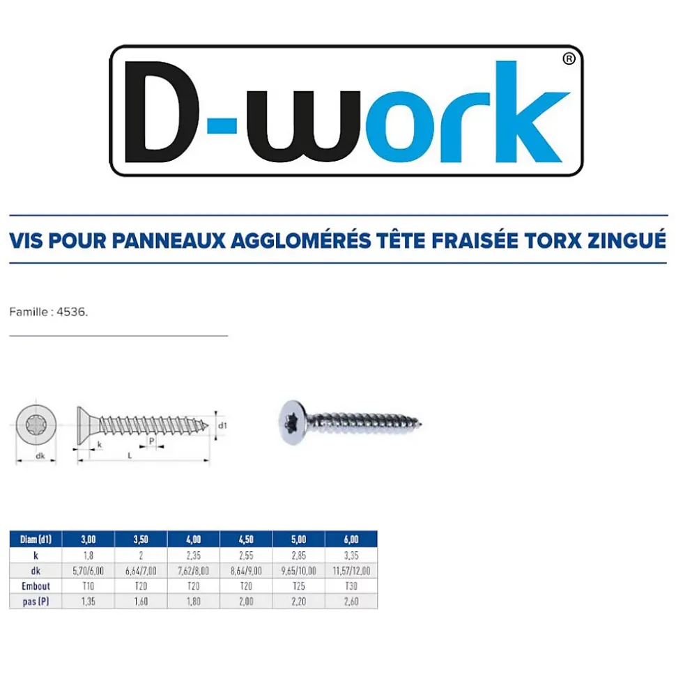500 Vis Bois Tête Fraisée Torx F/Partiel 5 x 40 mm - Zingué blanc - D-Work